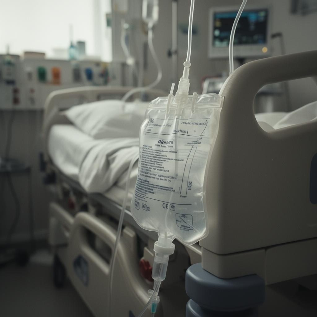 Manual urine collection bag at a hospital bedside